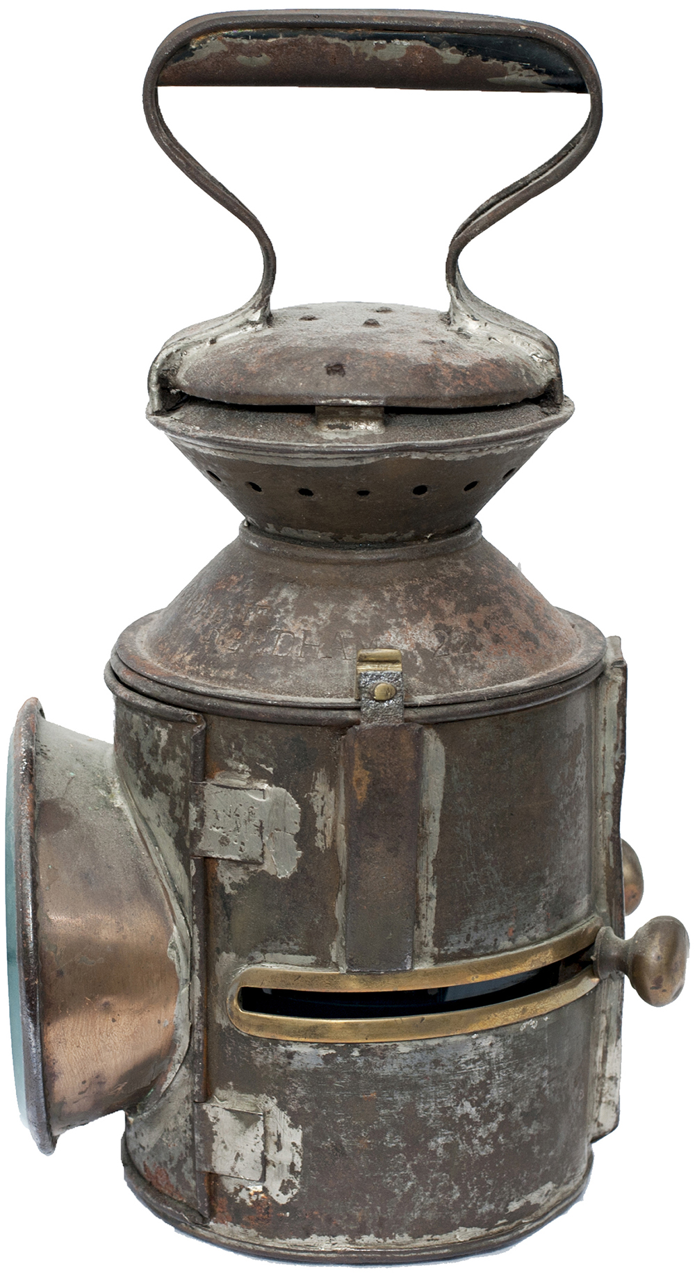 LNER/GER 3 aspect sliding knob handlamp, stamped in the reducing cone REEDHAM 22 and date coded