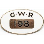 GWR enamel Cap Badge number 198, by J.A. Wylie & Co London. White enamel ground has the initials