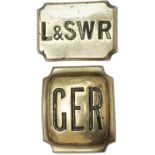 Railway horse brasses x2: L&SWR 2.5in x 2in hand engraved, and a GER rectangular 2.5in x 3in. Both