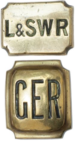 Railway horse brasses x2: L&SWR 2.5in x 2in hand engraved, and a GER rectangular 2.5in x 3in. Both