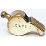 Cockermouth Keswick and Penrith Railway brass guards whistle, stamped in the side C.K.&P.R.Y PWAY 19