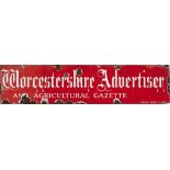 Advertising enamel poster board heading WORCESTERSHIRE ADVERTISER AND AGRICULTURAL GAZETTE measuring