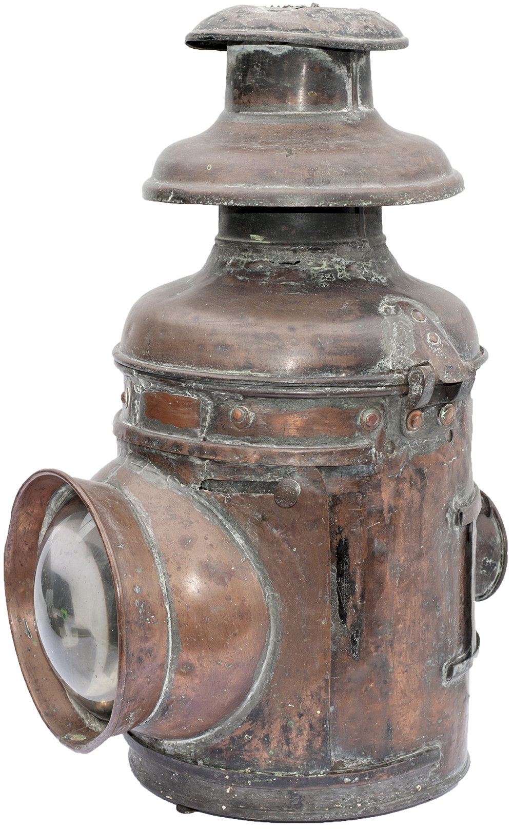 19th century copper signal lamp with large bullseye lens and double mushroom top, later reservoir