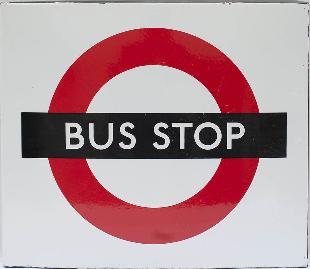 Bus advertising enamel sign (London Transport) BUS STOP. Double sided boat shape measuring 18in x