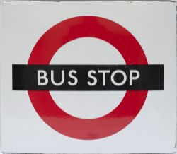 Bus advertising enamel sign (London Transport) BUS STOP. Double sided boat shape measuring 18in x