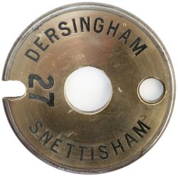 Tyers No6 brass and steel single line tablet DERSINGHAM 27 SNETTISHAM from the former Great
