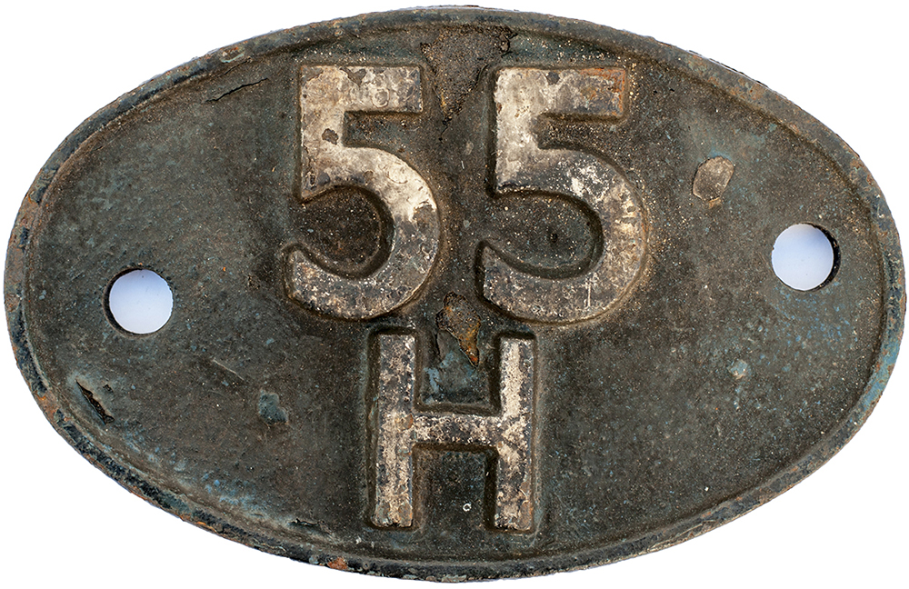 Shedplate 55H LEEDS NEVILLE HILL 1960-1973. In ex loco condition with traces of blue paint.