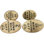 GWR oval brass signal lever plates x4 to include: 2 DOWN MAIN DETONATORS, 1 UP MAIN DETONATORS, UP