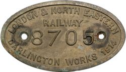 LNER cast brass 9x5 works numberplate 8705 Built Darlington 1914 Ex Wordsell J72 0-6-0T BR number (