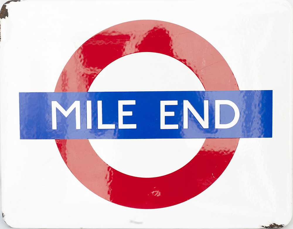 London Underground FF enamel target/bullseye sign MILE END. Measures 21in x 16.5in and is in very