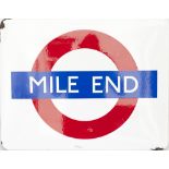 London Underground FF enamel target/bullseye sign MILE END. Measures 21in x 16.5in and is in very