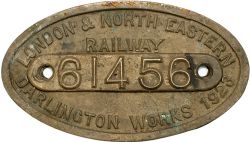 LNER cast brass 9x5 works numberplate 61456 Built Darlington 1923 Ex Raven B16 4-6-0, brass