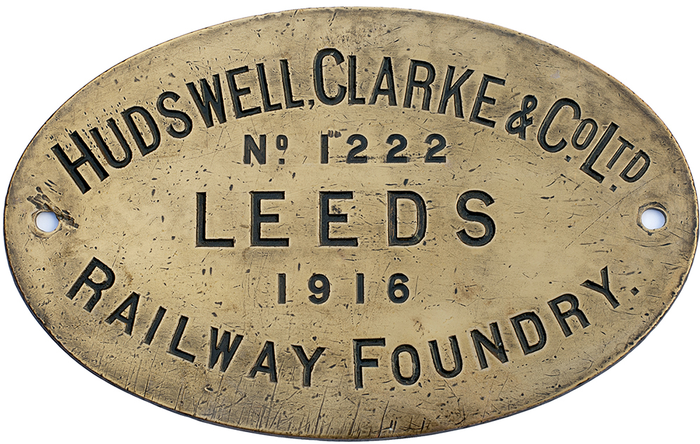 Worksplate oval engraved brass HUDSWELL CLARKE & CO LTD No 1222 LEEDS 1916, stamped 2166 on the