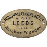 Worksplate oval engraved brass HUDSWELL CLARKE & CO LTD No 1222 LEEDS 1916, stamped 2166 on the