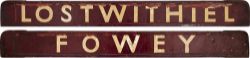 GWR/BR-W wooden carriage board LOSTWITHIEL-FOWEY painted straw on maroon and measuring 32in long. In