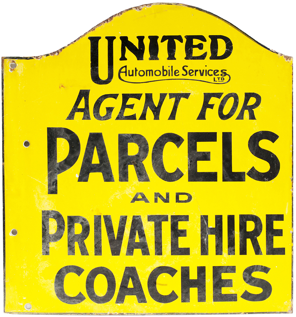 Motoring bus enamel sign UNITED AUTOMOBILE SERVICES LTD AGENTS FOR PARCELS AND PRIVATE HIRE COACHES.