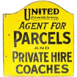 Motoring bus enamel sign UNITED AUTOMOBILE SERVICES LTD AGENTS FOR PARCELS AND PRIVATE HIRE COACHES.