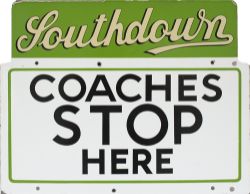 Bus advertising enamel sign SOUTHDOWN COACHES STOP HERE. Double sided measuring 20in x 15.5in.