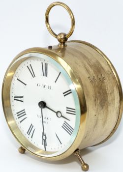 GWR brass drum clock with enamelled dial GWR KAY & CO PARIS. Case and movement stamped 3644 and