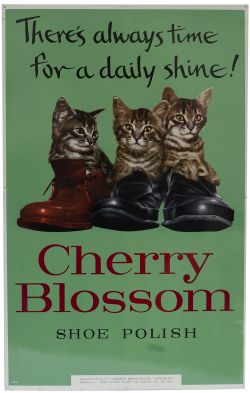 Advertising sign CHERRY BLOSSOM SHOE POLISH THERES ALWAYS TIME FOR A DAILY SHINE, with the three