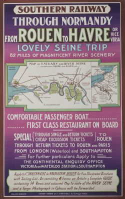 Poster semi pictorial SR SOUTHERN RAILWAY THROUGH NORMANDY FROM ROVEN TO HAVRE. Double Royal 25in