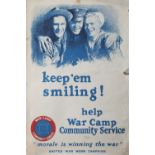 Poster WW1 KEEP 'EM SMILING HELP WAR CAMP COMMUNITY SERVICE by M. Leone Brackler 1918. Double