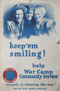 Poster WW1 KEEP 'EM SMILING HELP WAR CAMP COMMUNITY SERVICE by M. Leone Brackler 1918. Double