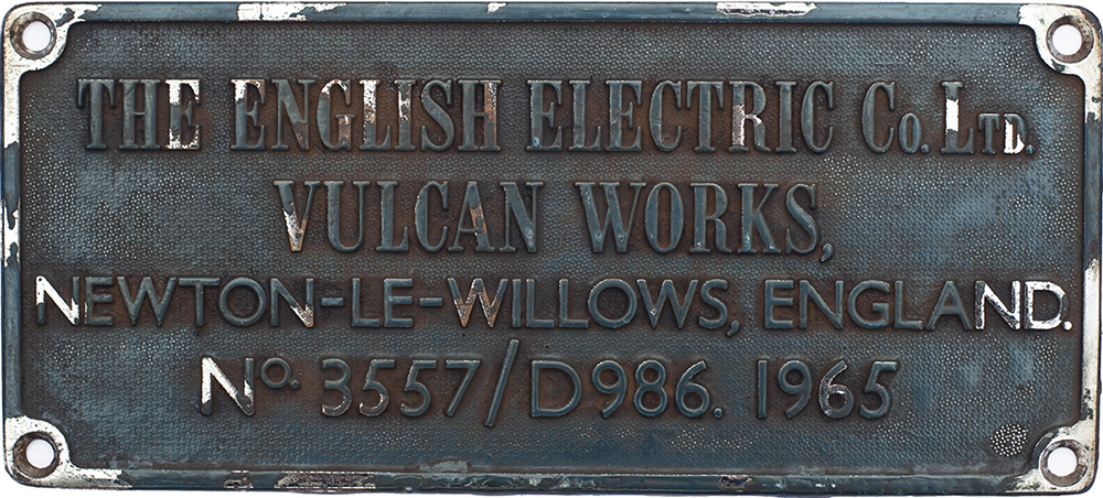 Diesel worksplate THE ENGLISH ELECTRIC CO LTD VULCAN WORKS NEWTON LE WILLOWS ENGLAND No 3557/D986