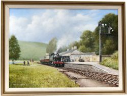 Original oil painting by DON BRECKON dated 1983 of GWR 2-6-2T No 5502 at LOOE STATION. Painting size