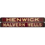 GWR/BR-W wooden carriage board HENWICK-MALVERN WELLS painted straw on maroon and measuring 32in