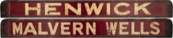 GWR/BR-W wooden carriage board HENWICK-MALVERN WELLS painted straw on maroon and measuring 32in