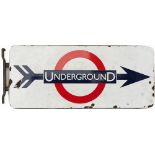 Underground enamel station direction sign, double sided with original mounting bracket. Some