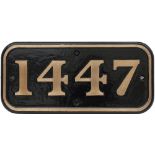 GWR brass cabside numberplate 1447 ex Collett 0-4-2T. Built at Swindon in 1935 and numbered 4847,
