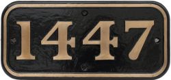 GWR brass cabside numberplate 1447 ex Collett 0-4-2T. Built at Swindon in 1935 and numbered 4847,