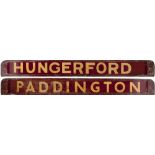 GWR/BR-W wooden carriage board HUNGERFORD - PADDINGTON painted straw on maroon and measuring 32in
