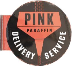 Enamel advertising sign PINK PARAFFIN DELIVERY SERVICE, double sided with mounting flange.