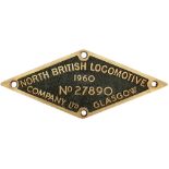 Diesel worksplate NORTH BRITISH LOCOMOTIVE COMPANY LTD GLASGOW No27890 1960. Ex Class 22 D6317