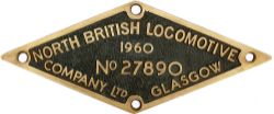 Diesel worksplate NORTH BRITISH LOCOMOTIVE COMPANY LTD GLASGOW No27890 1960. Ex Class 22 D6317
