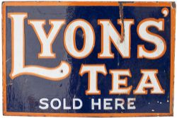 Advertising enamel sign LYONS TEA SOLD HERE, double sided with original mounting flange. Measures