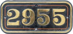 GWR brass cabside numberplate 2955 ex Churchward Saint 4-6-0 2955. Stamped in the rim with boiler