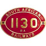 South African brass cabside numberplate SOUTH AFRICAN RAILWAYS 1130 8A ex 4-8-0 built by Sharp