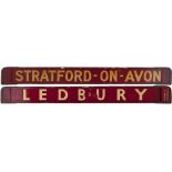 GWR/BR-W wooden carriage board STRATFORD-ON-AVON - LEDBURY painted straw on maroon and measuring