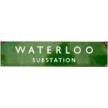 BR(S) enamel sign dark green WATERLOO SUBSTATION. Measures 26in x 6in and is in good condition