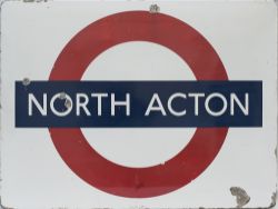 London Transport FF enamel roundel sign NORTH ACTON. Measures 36in x 27in and is in good condition