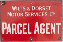 Bus motoring advertising enamel sign WILTS & DORSET MOTOR SERVICES LTD PARCEL AGENT. Measures 15in x