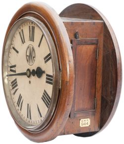 GWR mahogany cased 18inch double dial railway station clock. The large plated brass chain driven