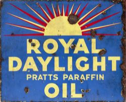 Enamel advertising sign ROYAL DAYLIGHT PRATTS PARAFFIN OIL, double sided with original mounting
