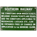 Southern Railway enamel sign re THE CONDITIONS UPON WHICH TICKETS ARE ISSUED etc. Measures 9in x 6in