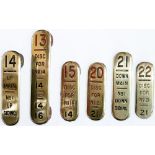 GWR brass signal lever plates x6: 13 disc for No14 14 or 14 16, 14 up main No1 up siding, 15 disc