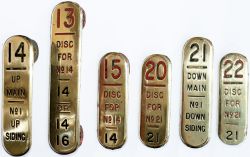 GWR brass signal lever plates x6: 13 disc for No14 14 or 14 16, 14 up main No1 up siding, 15 disc